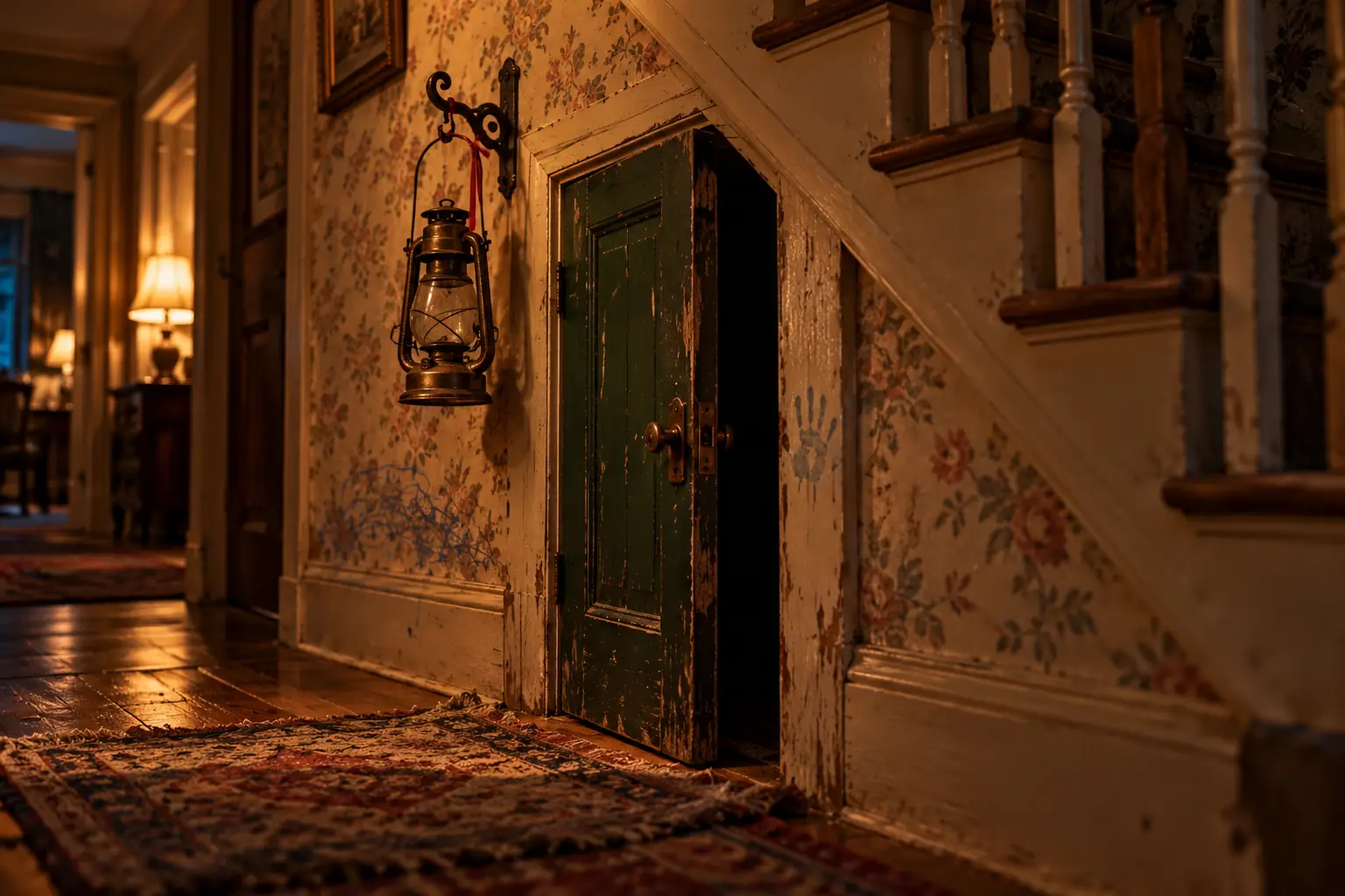 A small green door under the staircase, slightly open onto darkness, an old brass lantern on a hook beside it, stairs going up.
