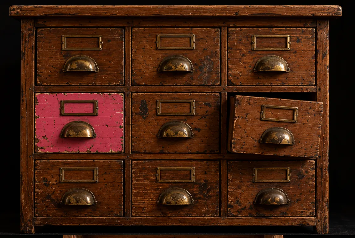 An old wooden cabinet of nine small drawers with brass cup pulls. One drawer is painted pink. One is already a little open.