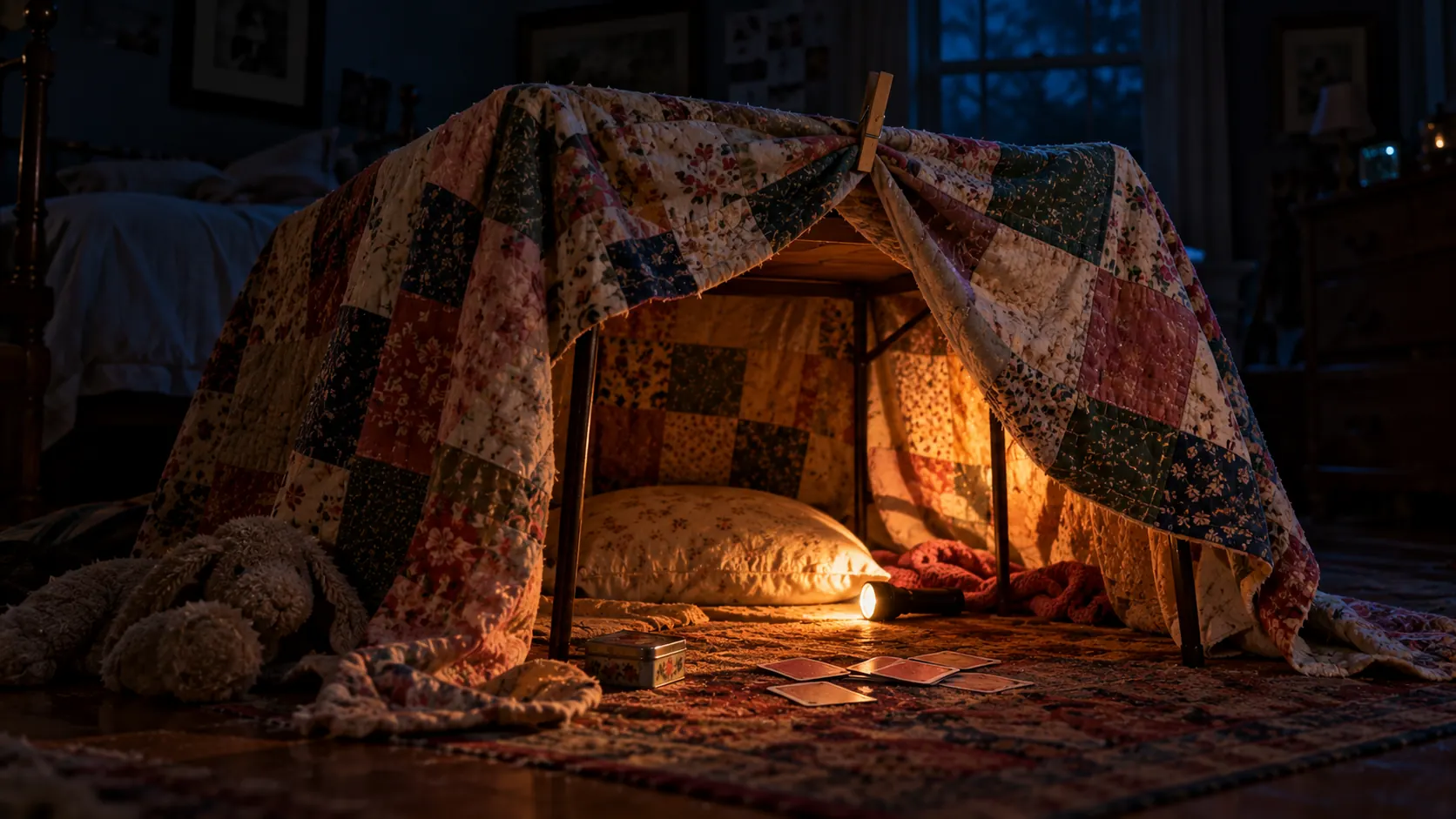A quilt fort at night, a pillow inside, a flashlight glowing on the rug, playing cards scattered.