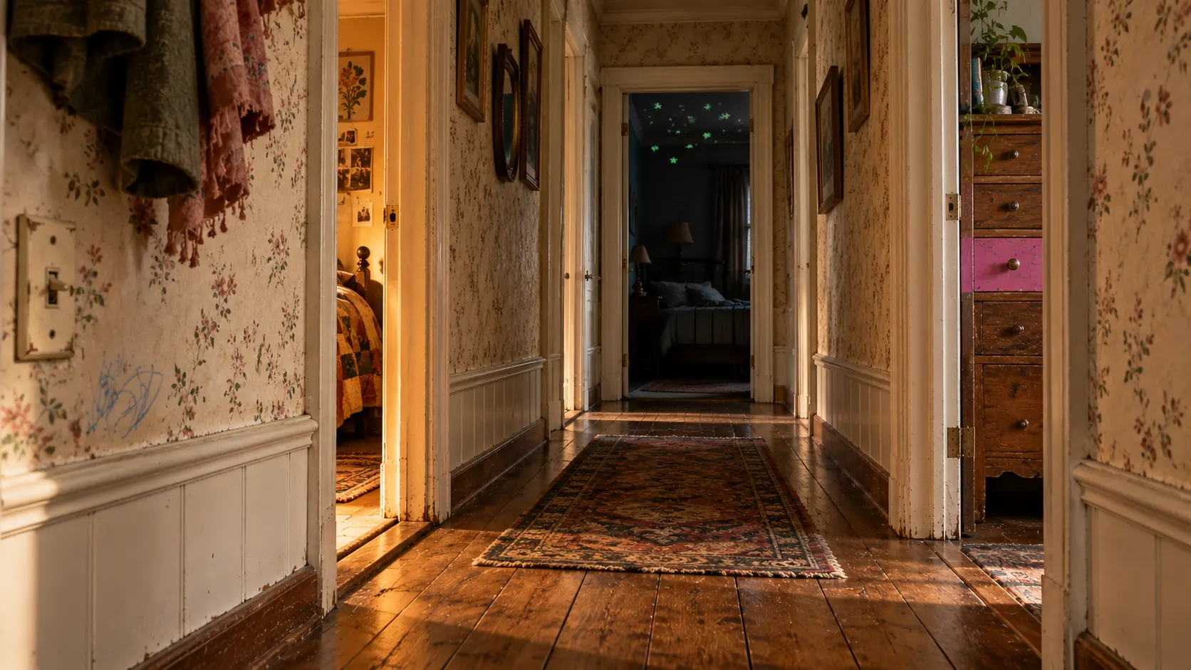 A long hallway at child height. Left: a warm bedroom with a quilt. Far end: a dark room with glow-in-the-dark stars. Right: a dresser with one pink drawer.