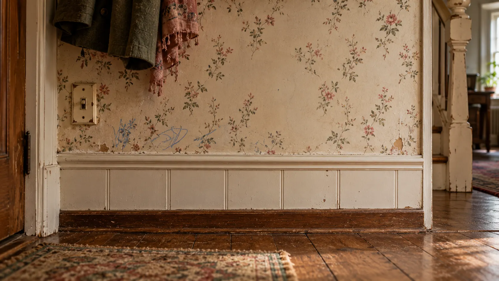 Old floral wallpaper with blue crayon scribbles low on the wall, coats hanging, a light switch, wooden floor.