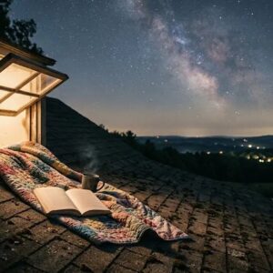 An open book on a quilt on the roof under the stars