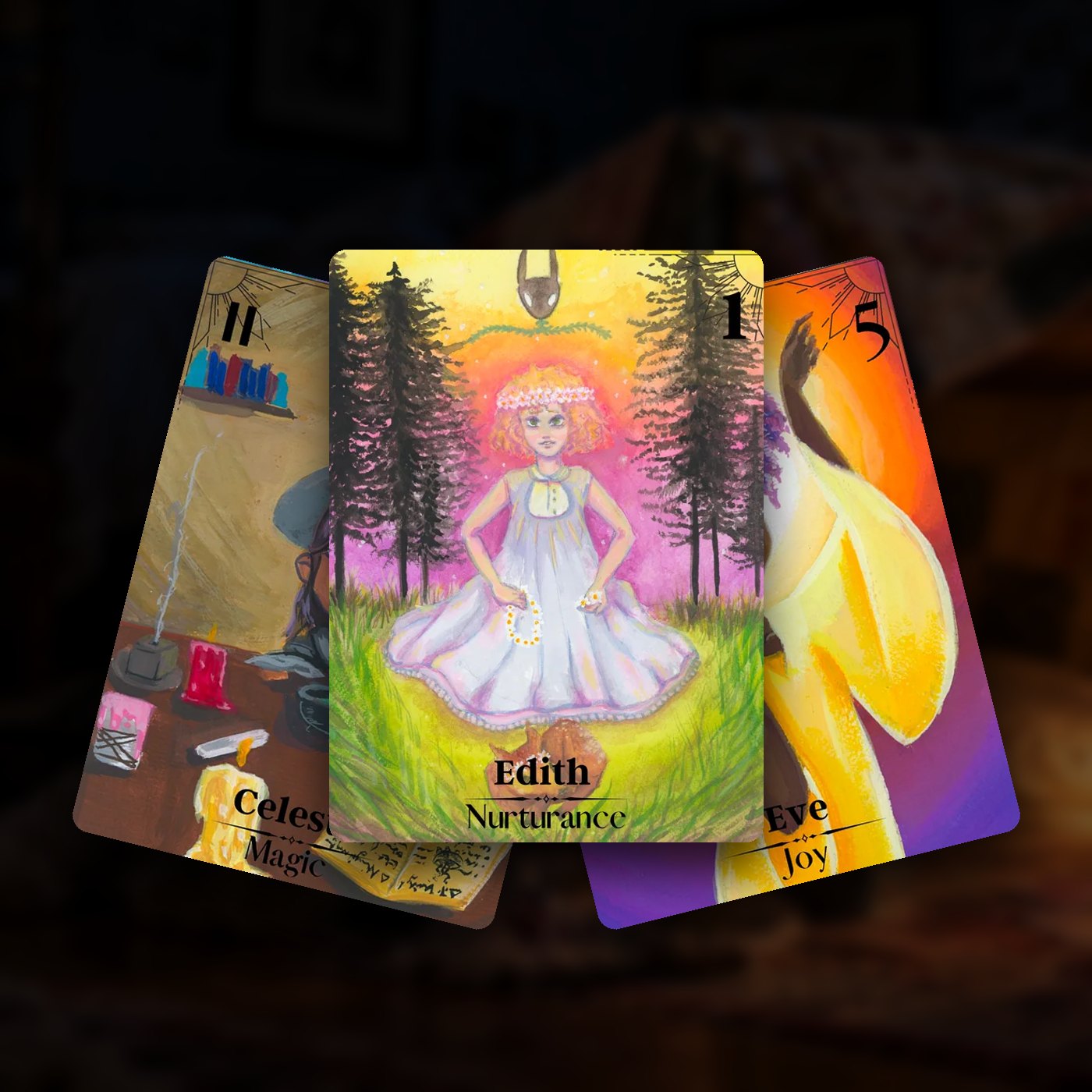 Three cards from the Inner Child Oracle deck: Edith, Celeste and Eve